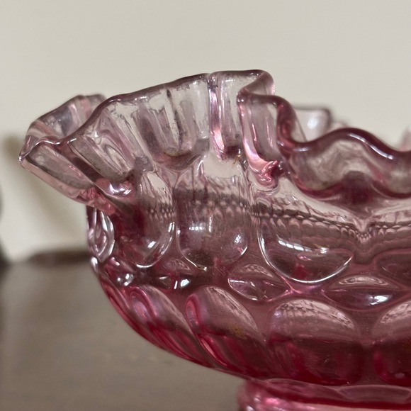 Other - Vintage Pink Thumbprint Ruffled Glass Bowl Footed Candy Dish 5.5 Inch